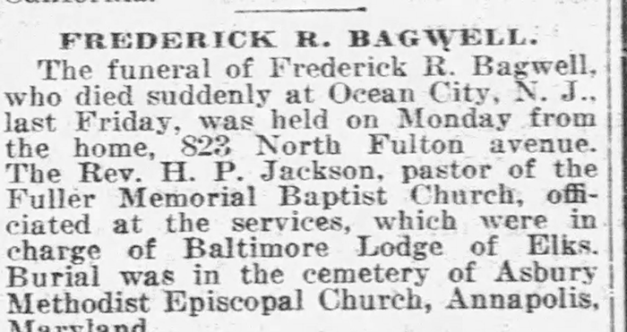 Frederick Rastus Bagwell - Obituary
The Baltimore Sun - November 19, 1920 - Page 09