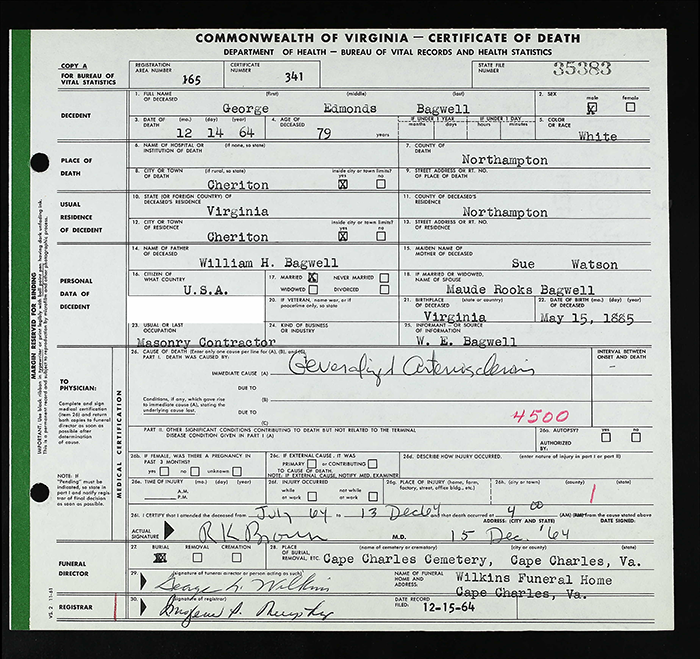 George Edmonds Bagwell - 1885 to 1964
Commonwealth of Virginia - Certificate of Death