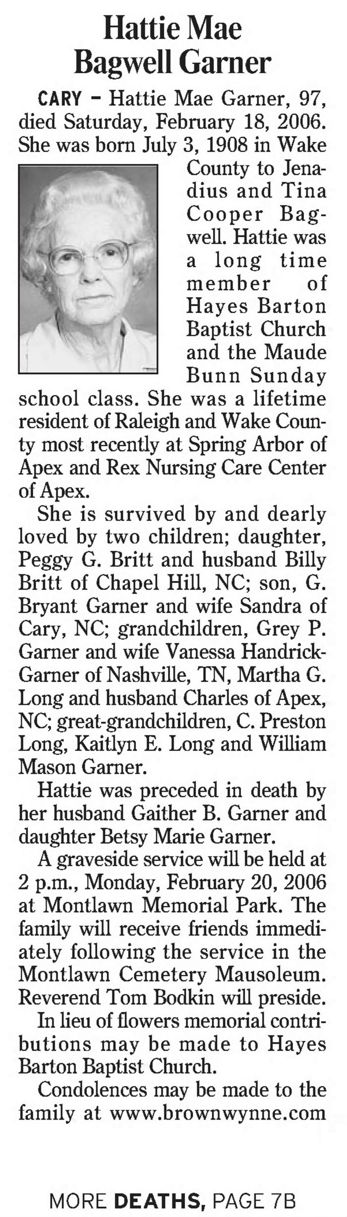 Hattie May (Bagwell) Garner - Obituary
The News and Observer - February 19, 2006 - Page B06