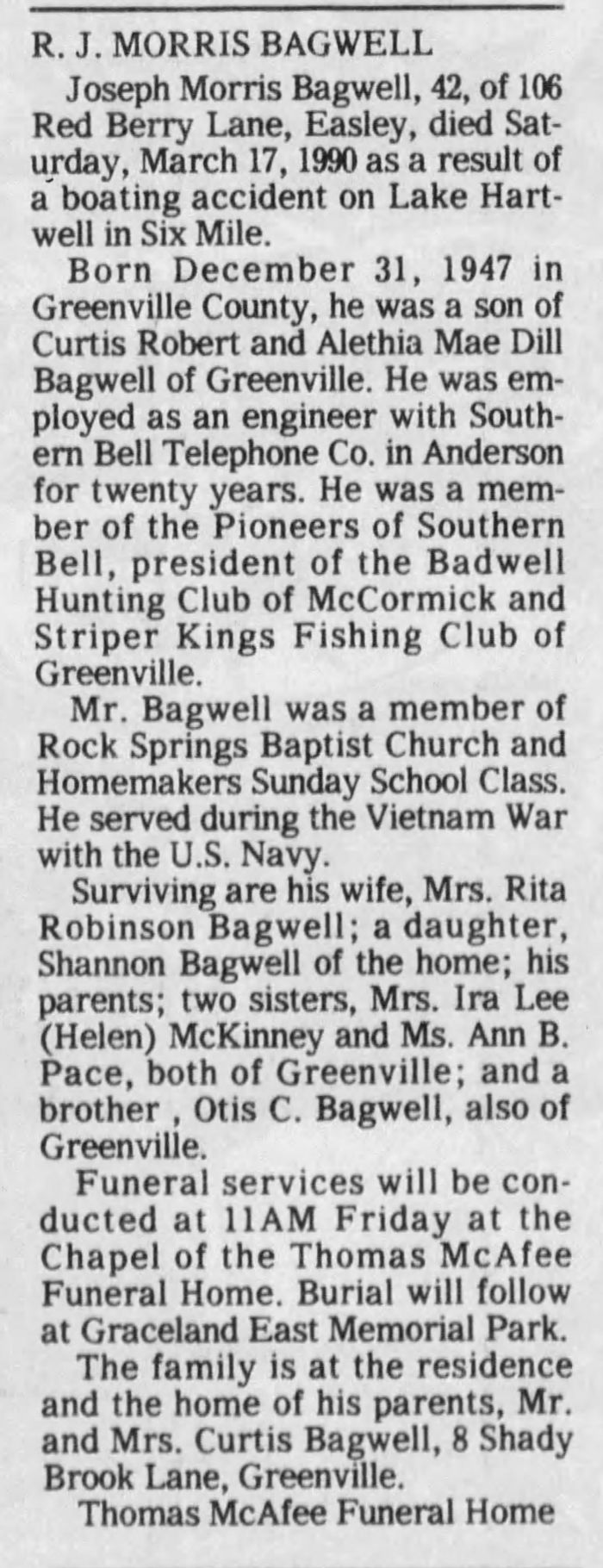 Joseph Morris Bagwell - Obituary
The Greenville News - March 23, 1990 - Page 27
