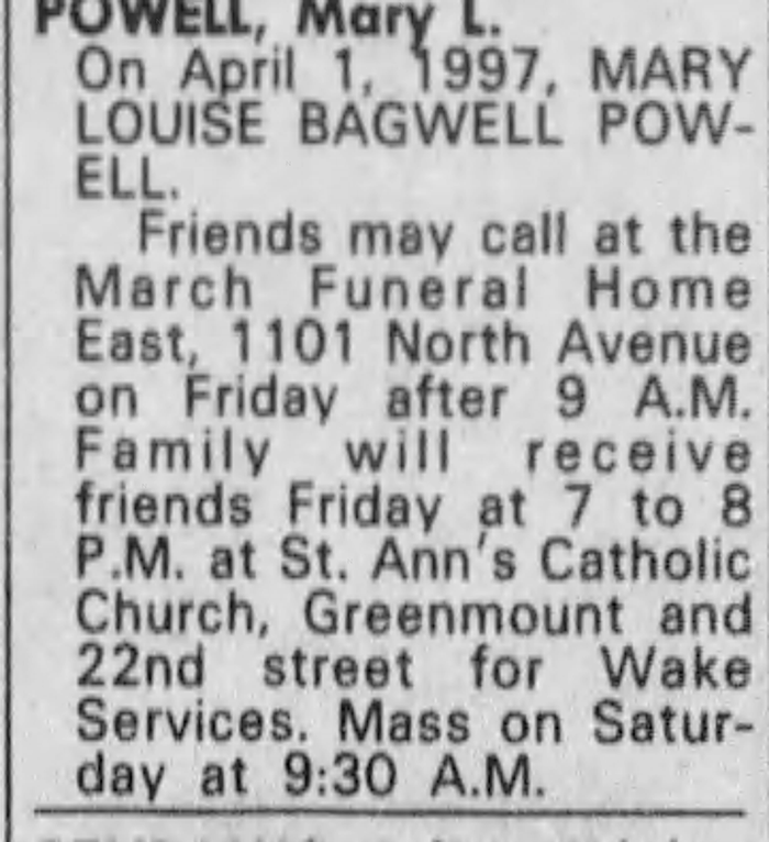 Mary Louise (Bagwell) Powell - Obituary
The Baltimore Sun - April 04, 1997 - Page 22