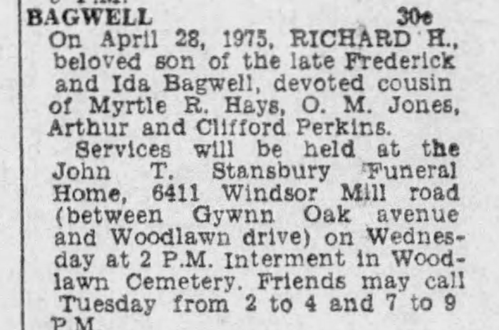 Rchard Hall Bagwell - Obituary
The Evening Sun - April 29, 1975 - Page 33