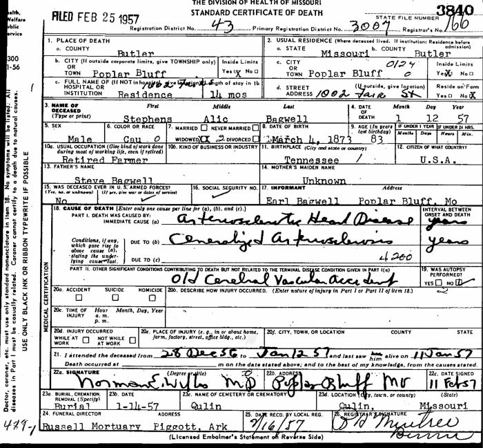 Stephen Alexander Bagwell - 1873 to 1957
Certificate of Death - State of Missouri