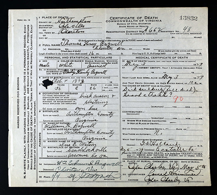 Thomas Henry Bagwell - 1893 to 1929
Commonwealth of Virginia - Certificate of Death