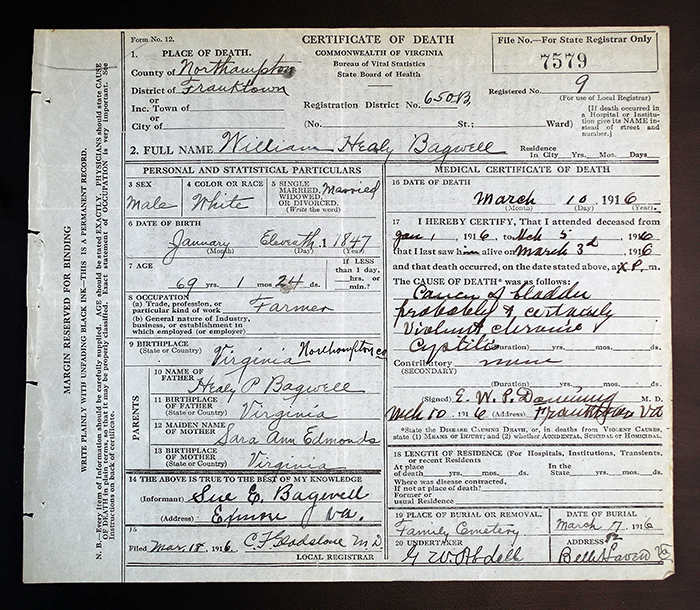 William Healy Bagwell - 1847 to 1916
Commonwealth of Virginia - Certificate of Death