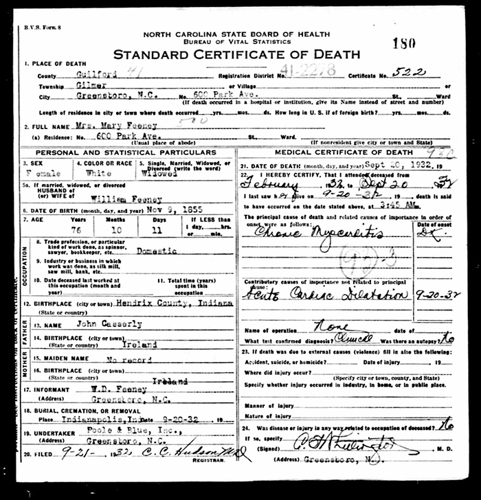 Mary (Casserly) Feeney - 1855 to 1932
Certificate of Death - State of North Carolina
