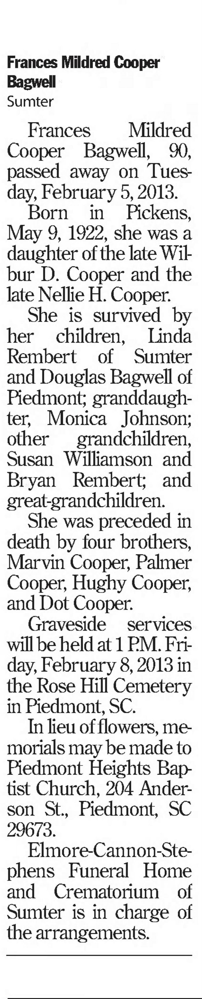 Frances Mildred (Cooper) Bagwell - Obituary
The Greenville News - February 07, 2013 - Page B05
