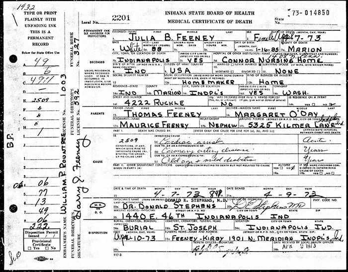 Julia B. Feeney - 1885 to 1973
Certificate of Death - State of Indiana