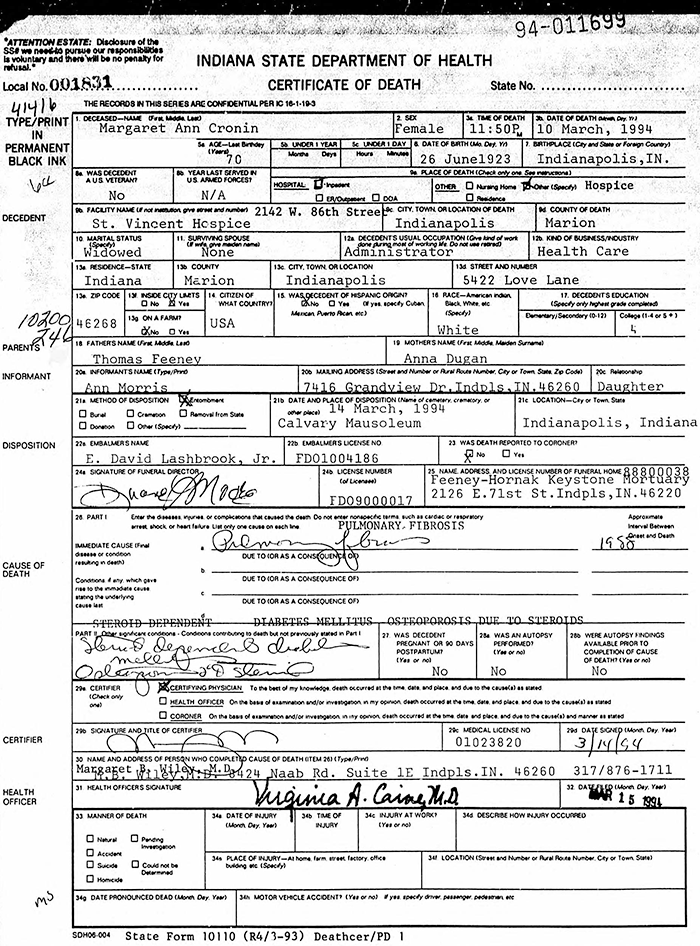 Margaret Ann (Feeney) Cronin - 1923 to 1994
Certificate of Death - State of Indiana