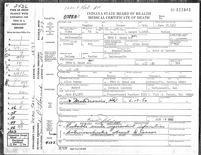 Maurice Joseph Feeney - 1930 to 1980
Certificate of Death - State of Indiana
