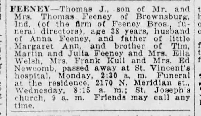 Thomas J. Feeney - Obituary
The Indianapolis Star - April 21, 1925 - Page 18