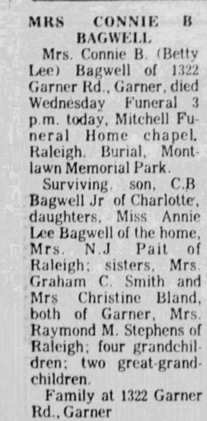 Betty Lee (Johnson) Bagwell - Obituary
The News and Observer - February 28, 1980 - Page 38