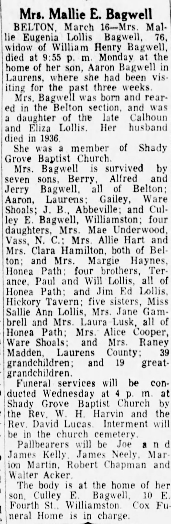 Mallie Eugenia (Lollis) Bagwell - Obituary
The Greenville News - March 17, 1954 - Page 17