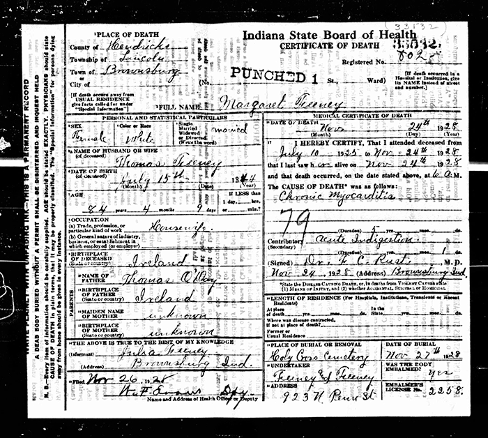 Margaret O'Dea - 1844 to 1928
Certificate of Death - State of Indiana