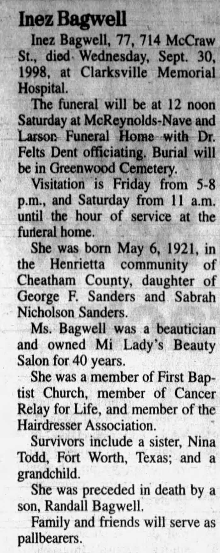 Inez Dotty (Sanders) Bagwell - Obituary
The Leaf Chronicle - October 01, 1998 - Page 08