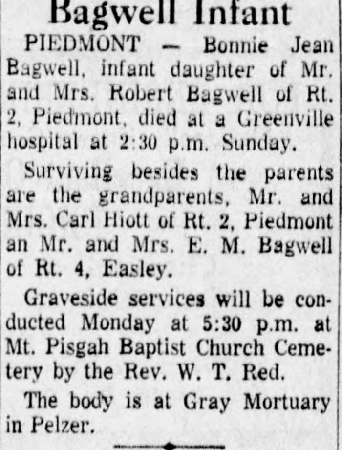 Bonnie Jean Bagwell - Obituary
The Greenville News - August 24, 1959 - Page 12
