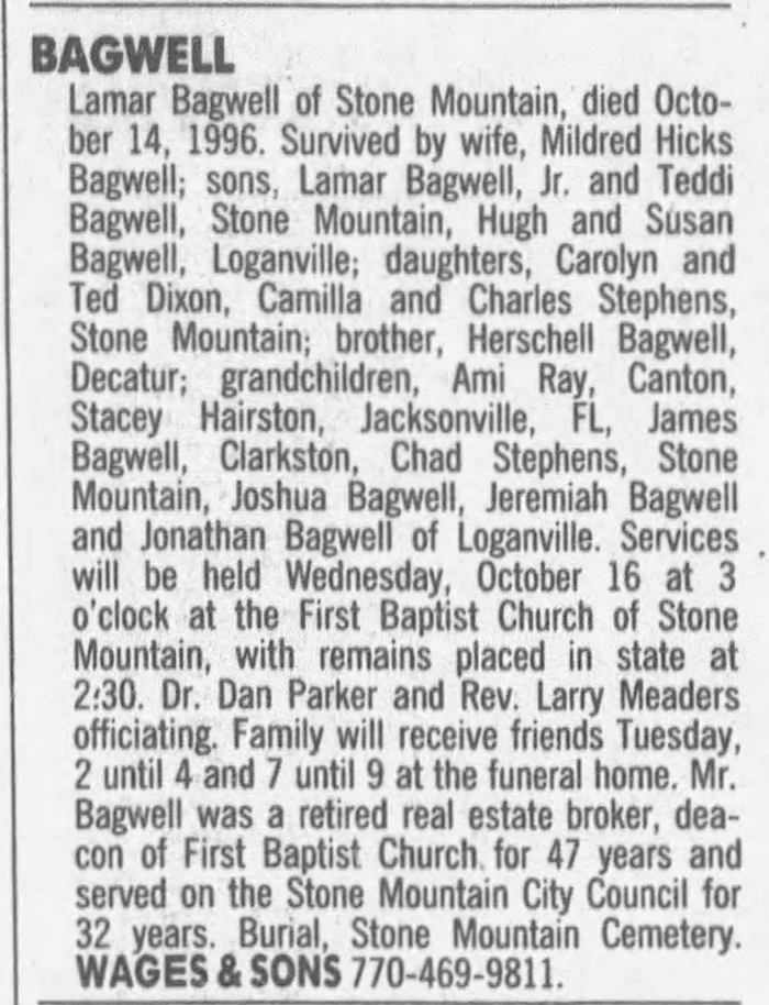 Chester Lamar Bagwell - Obituary
The Atlanta Constitution - October 15, 1996 - Page 43