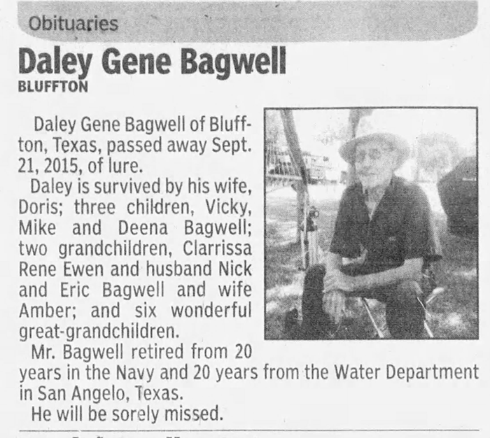 Daley Gene Bagwell - Obituary
San Angelo Standard Times - September 27, 2015 - Page 02