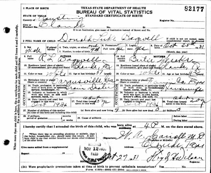 Donald Luke Bagwell - 1931 to 2003
Certificate of Birth - State of Texas
