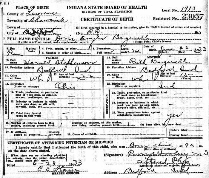Doris Evelyn Bagwell - 1933 to 2008
Certificate of Birth - State of Indiana