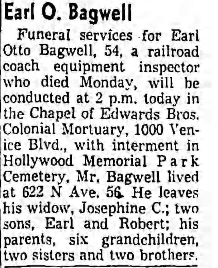 Earl Otto Bagwell - Obituary
The Los Angeles Times - May 02, 1957 - Page 85