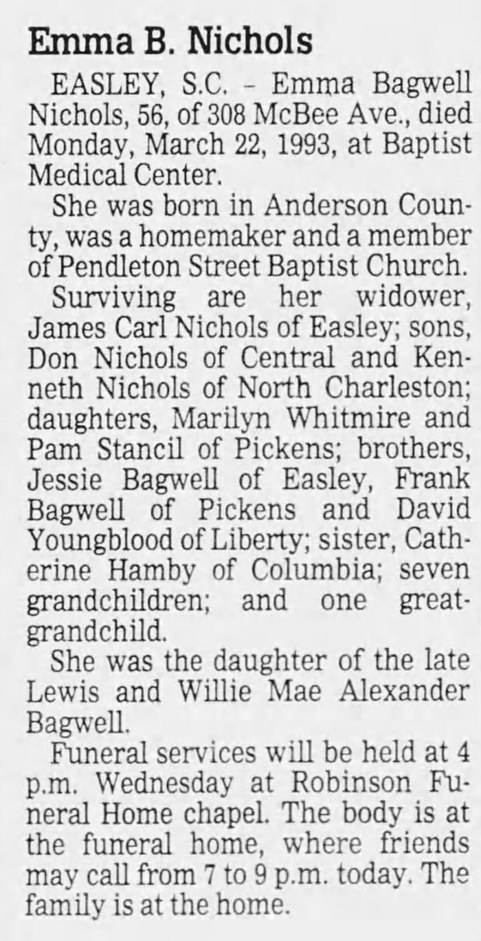 Emma Rae (Bagwell) Nichols - Obituary
Anderson Independent Mail - March 23, 1993 - Page 20