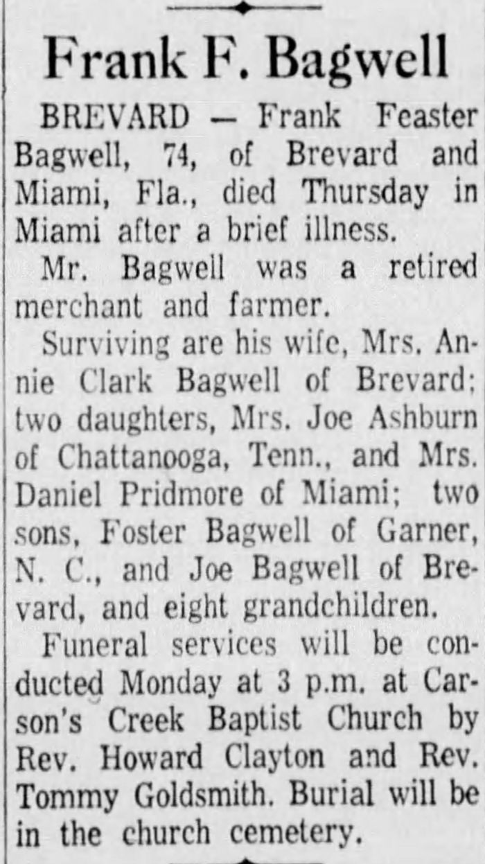 Frank Feaster Bagwell - Obituary
The Greenville News - December 05, 1960 - Page 05
