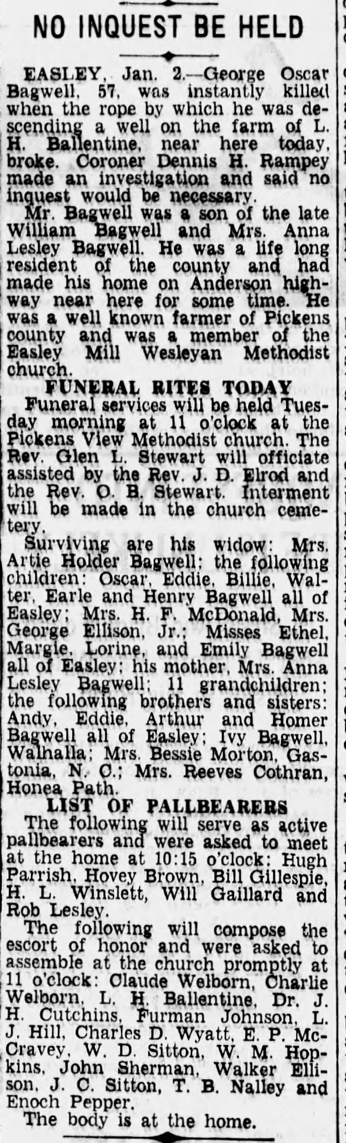 George Oscar Bagwell - Obituary
The Greenville News - January 03, 1939 - Page 02