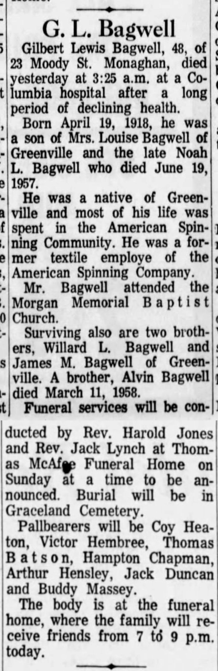 Gilbert Lewis Bagwell - Obituary
The Greenville News - November 19, 1966 - Page 05