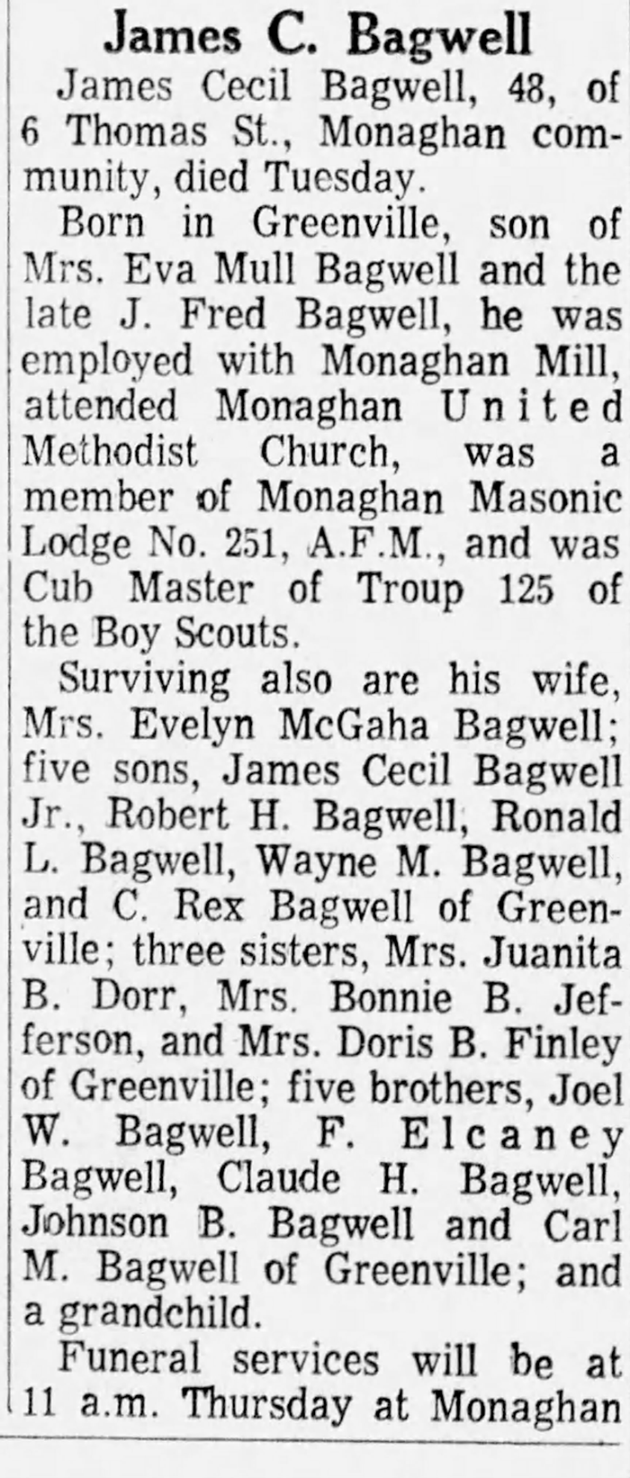 James Cecil Bagwell - Obituary
The Greenville News - March 08, 1972 - Page 05