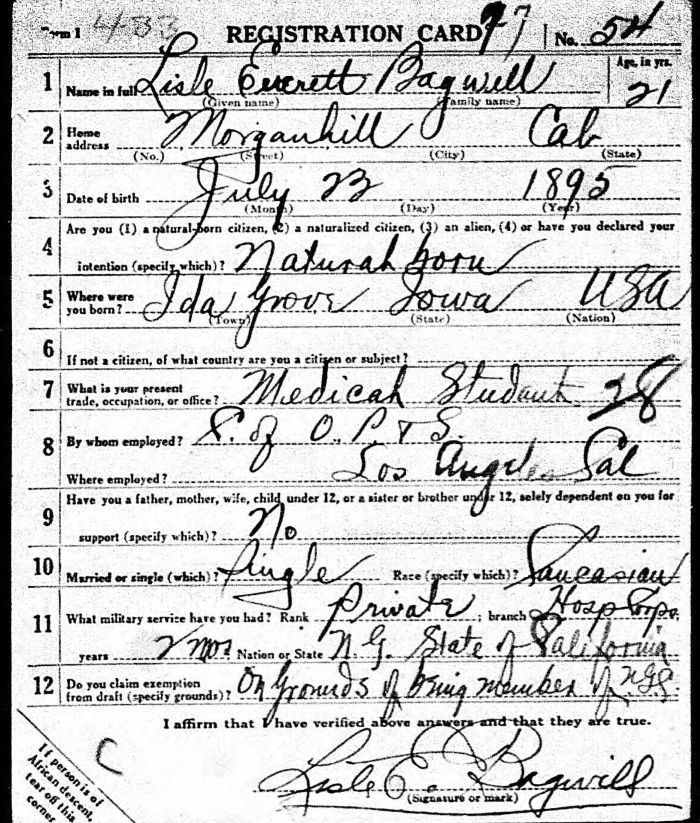 Lisle Everett Bagwell - 1895 to 1949
World War I Registration Card