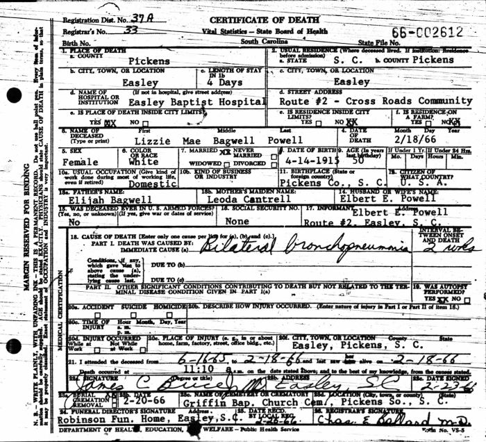 Lizzie Mae (Bagwell) Powell - 1915 to 1966
Certificate of Death - State of South Carolina