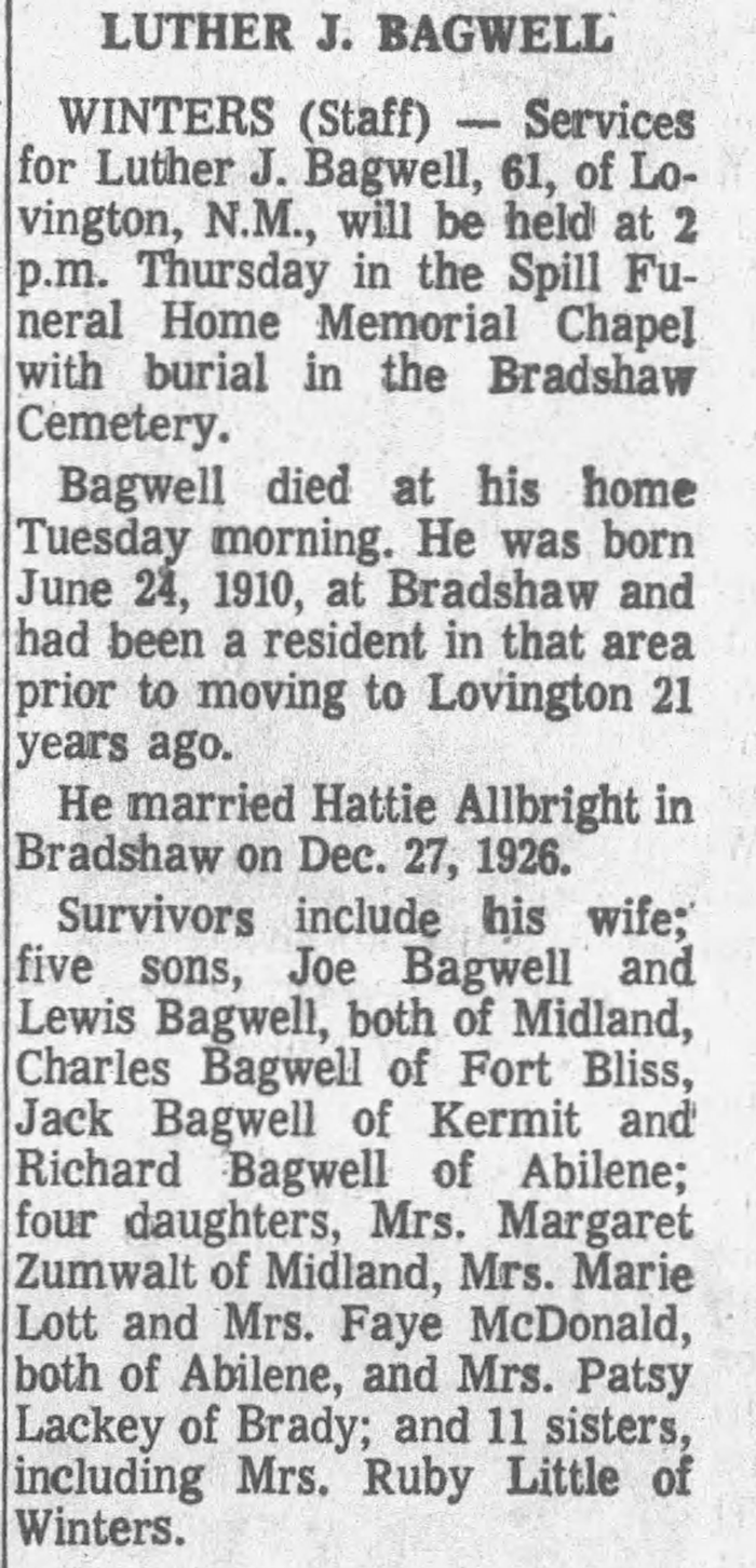 Luther Jospehus Bagwell - Obituary
The Odessa American - March 15, 1972 - Page 02
