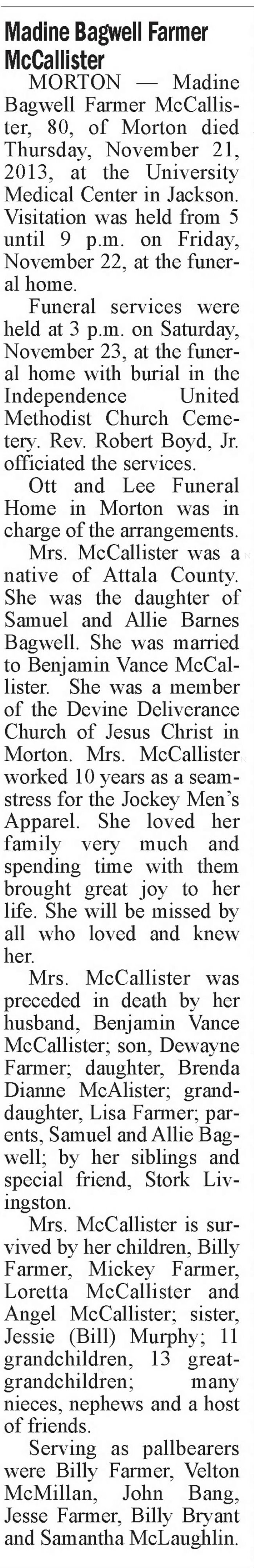 Madine (Bagwell) Farmer McCallister - Obituary
Scott County Times - December 04, 2013 - Page 03