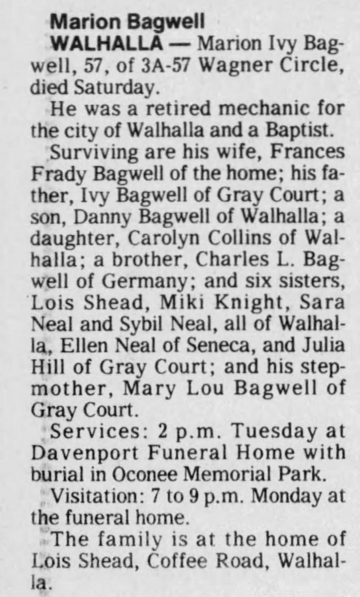 Marion Ivy Bagwell - Obituary
The Greenville News - April 01, 1985 - Page 08