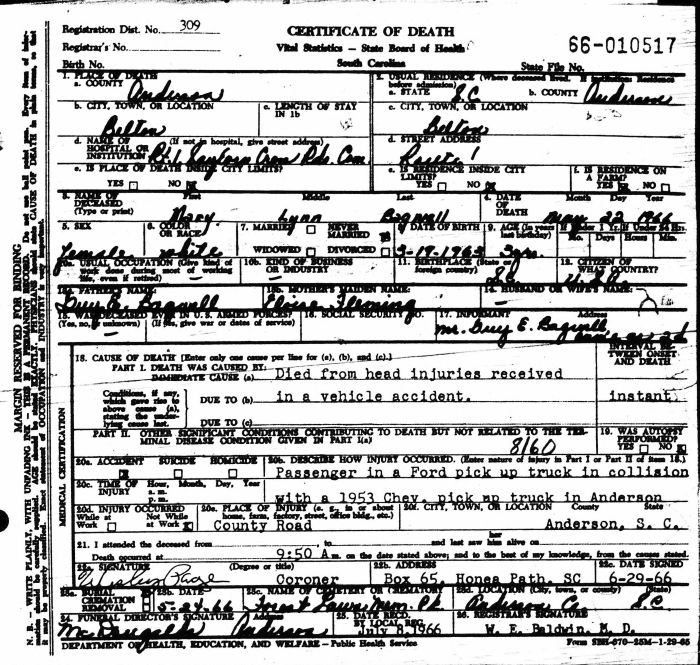 Mary Lynn Bagwell - 1963 to 1966
Certificate fo Death - State of South Carolina