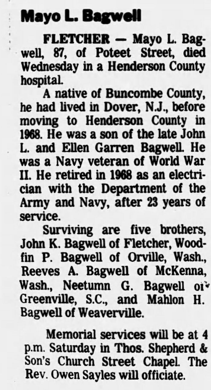 Mayo Littleton Bagwell - Obituary
Asheville Citizen Times - August 02, 1991 - Page 12