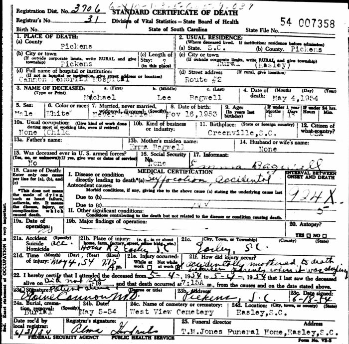 Michael Lee Bagwell - 1953 to 1954
Certificate of Death - State of South Carolina