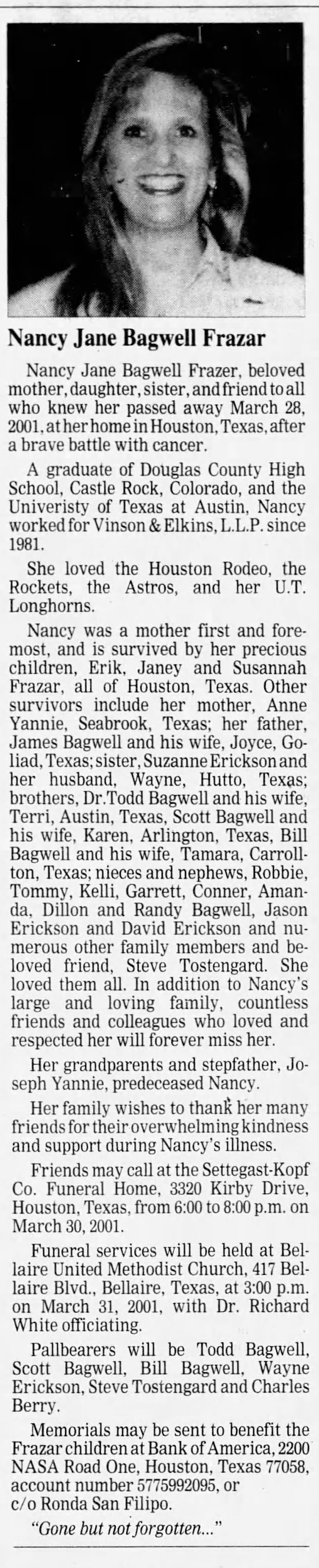 Nancy Jane (Bagwell) Frazar - Obituary 
Austin American Statesman - march 20, 2001 - Page 20