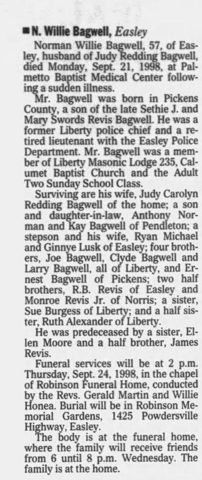 Norman Willie Bagwell - Obituary
The Greenville News - Septemeber 23, 1998 - Page 20