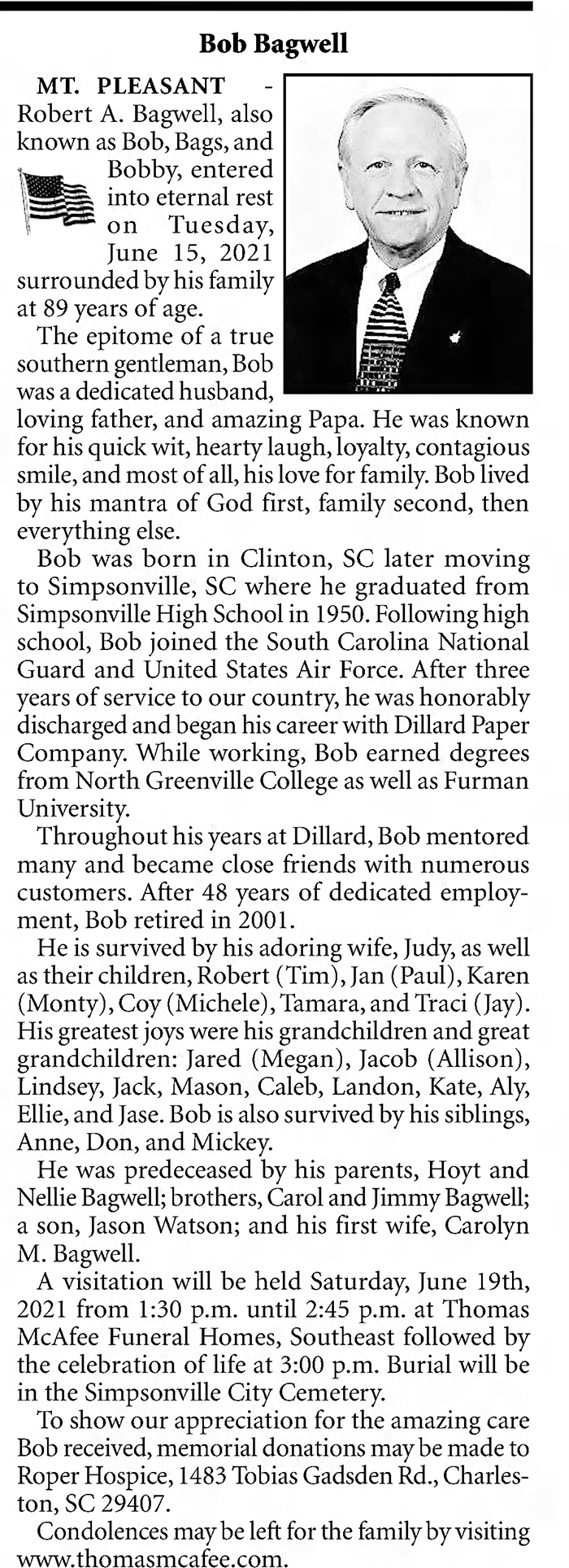 Robert A. Bagwell - Obituary
The Greenville News - June 18, 2021 - Page B02