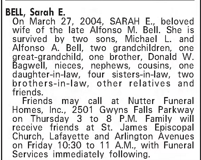 Sarah Elizabeth (Bagwell) Bell - Obituary
The Baltimore Sun - April 01, 2004 - Page B11