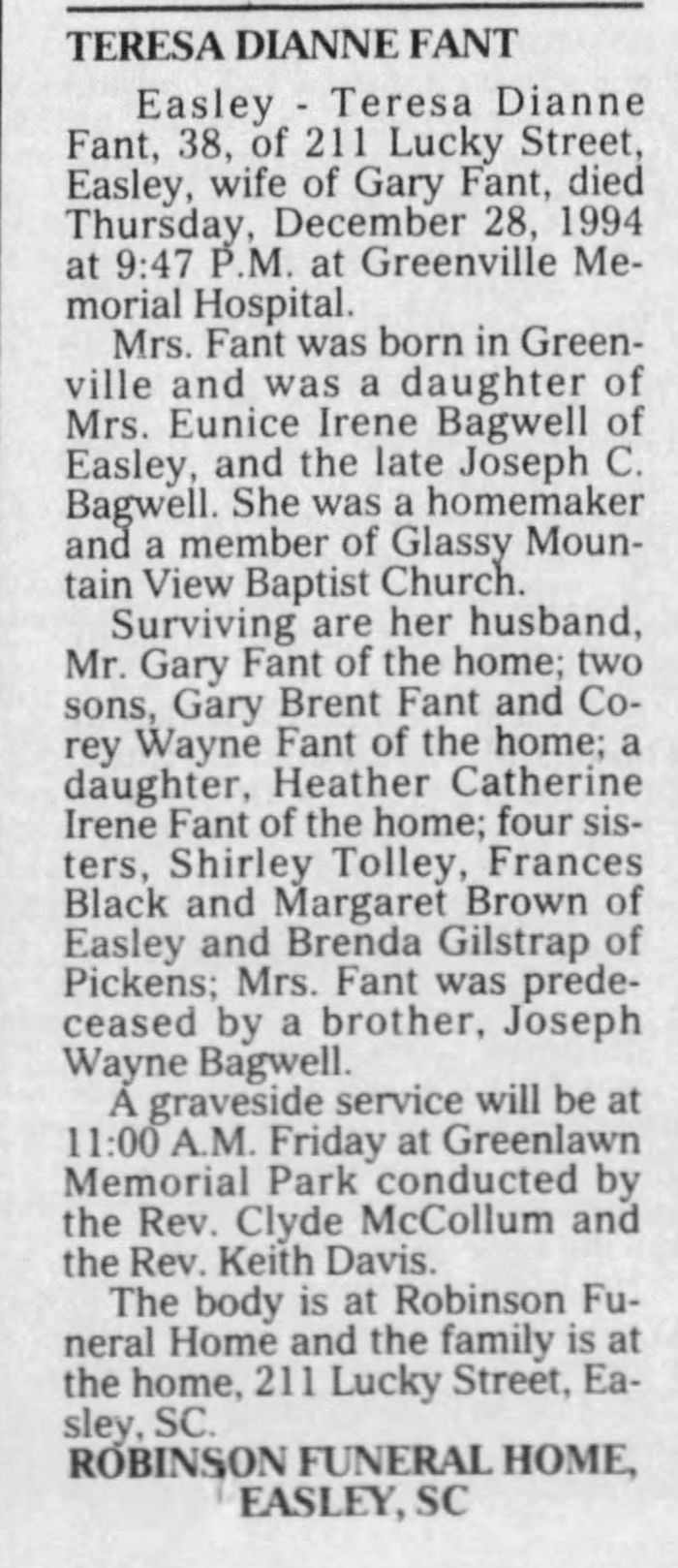 Teresa Dianne (Bagwell) Fant - Obituary
The Greenville News - December 30, 1994 - Page 27