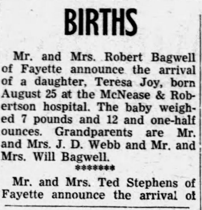 Teresa Joy (Bagwell) Wolford - Obituary
Fayette County Times - September 01, 1955 - Page 08