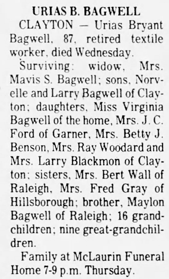 Urias Bryant Bagwell - Obituary
The News and Observer - February 06, 1975 - Page 45