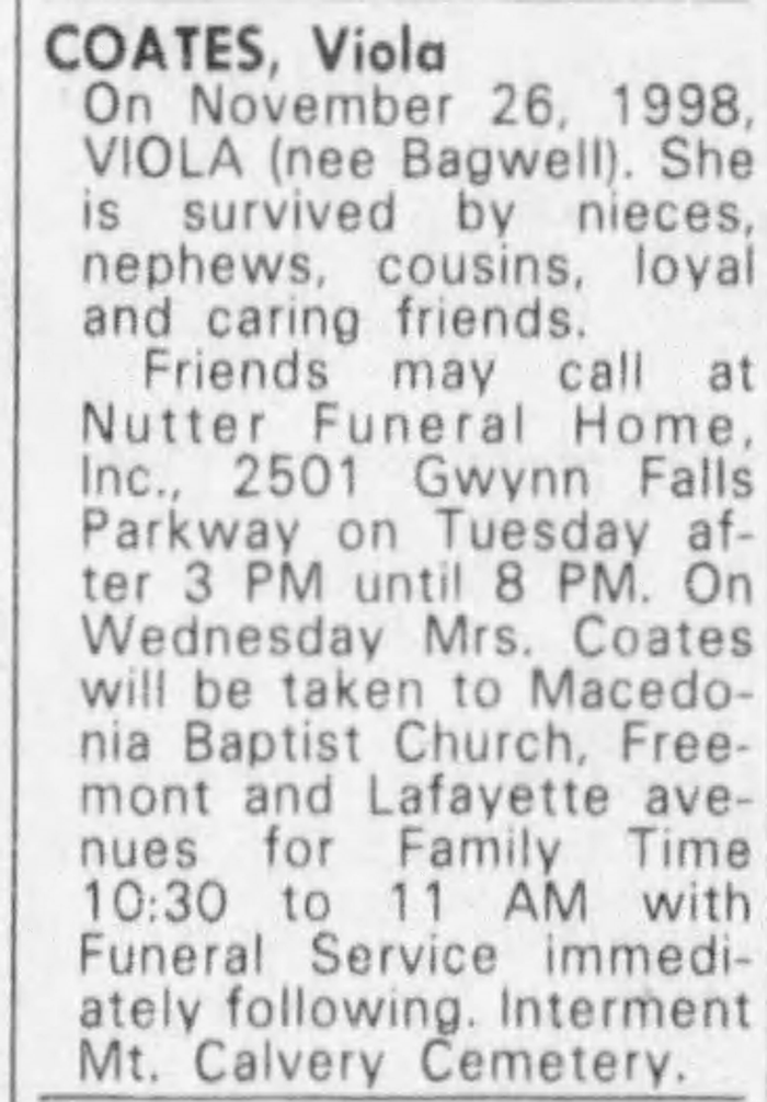 Viola M. (Bagwell) Coates - Obituary
The Baltimore Sun - November 30, 1998 - Page 26