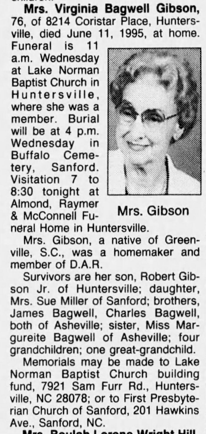 Virginia Sue Bagwell - Obituary
The Charlotte Observer - June 13, 1995 - Page 28
