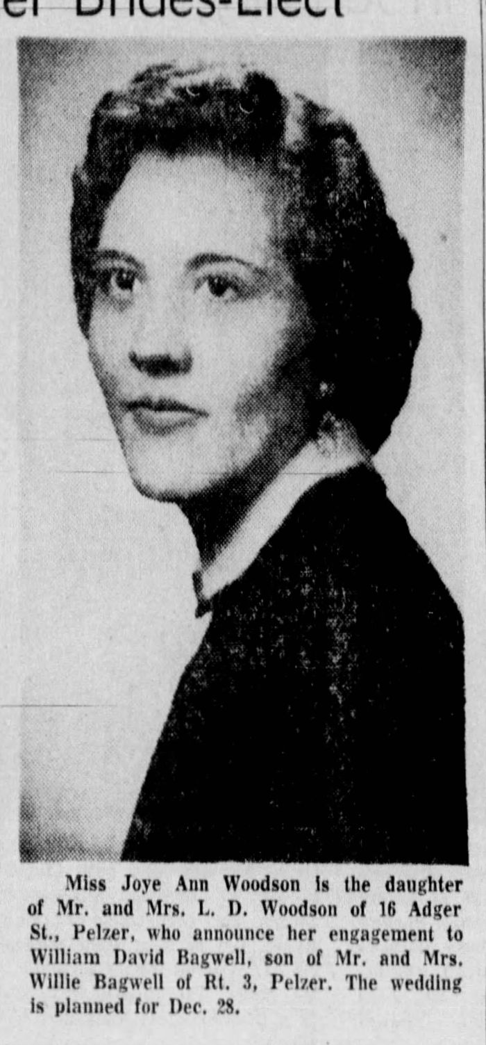 William David Bagwell and Joyce Ann Woodson - Marriage Annoucement
The Greenville News - October 20, 1957 - Page 16