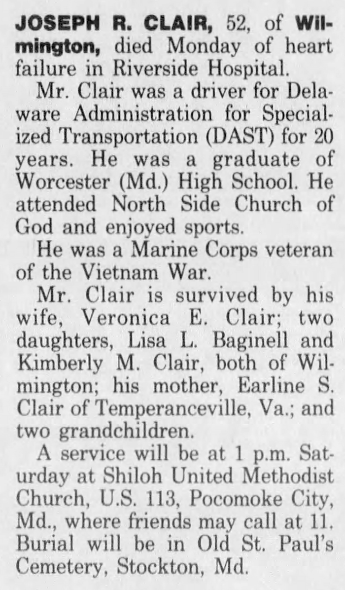 Joseph R. Clair - Obituary
The News Journal - May 20, 1994 - Page 27