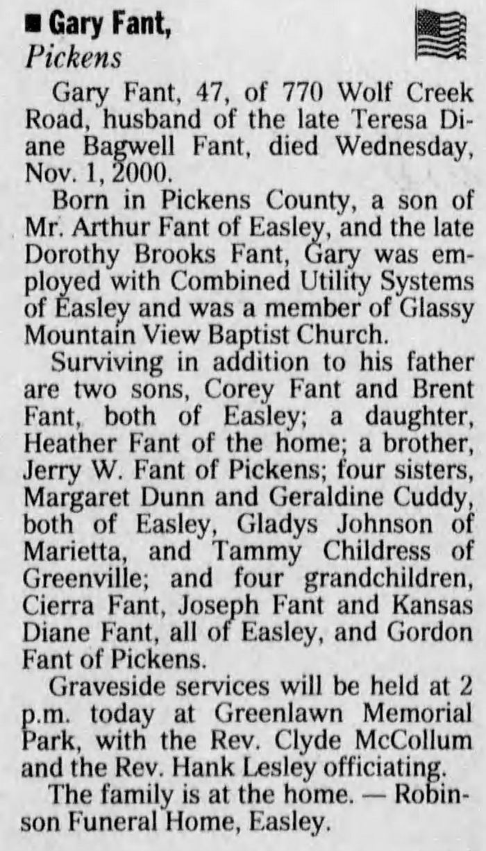Gary Fant - Obituary
The Greenville News - November 03, 2000 - Page 42